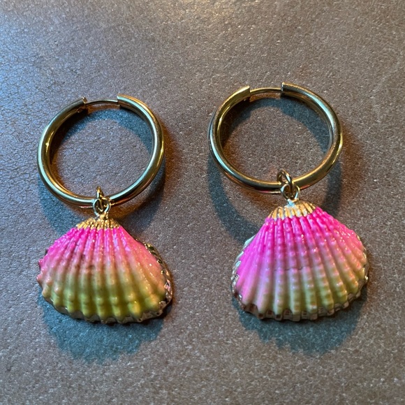 Hand Crafted Jewelry - Ombre seashell 🐚 shell yellow pink earrings hoop gold plated boho coastal